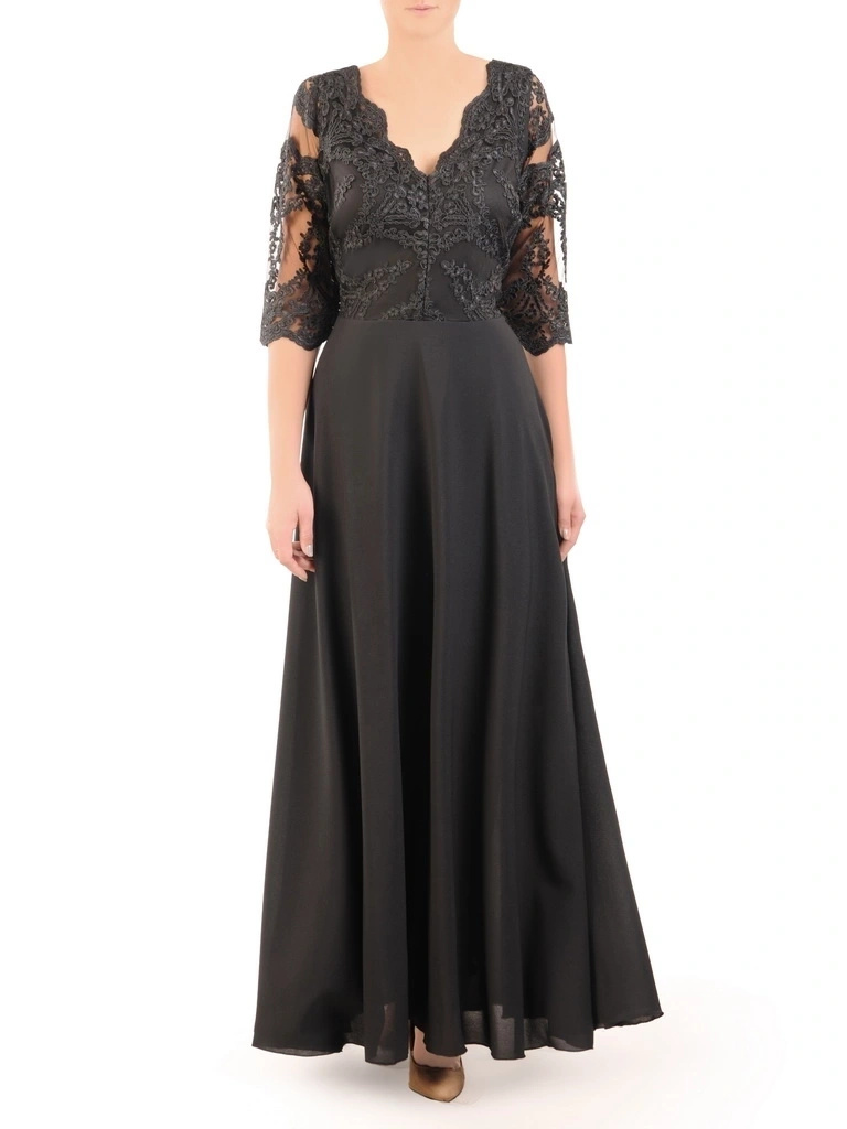 Rozkloszowana czarna suknia wieczorowa na sylwestra – elegancki fason maxi z koronkową górą 30731
