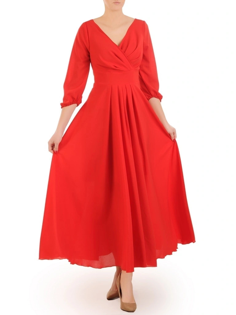 Elegancka czerwona suknia wieczorowa maxi rozkloszowana – kobiecy krój wysmuklający sylwetkę 31165