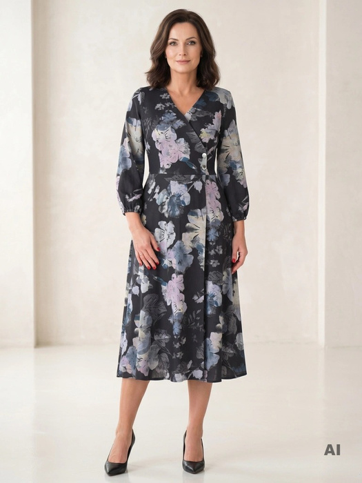 Elegancka sukienka maxi rozkloszowana w kwiaty – kobiecy fason z rękawem 3/4 tuszujący biodra 40389
