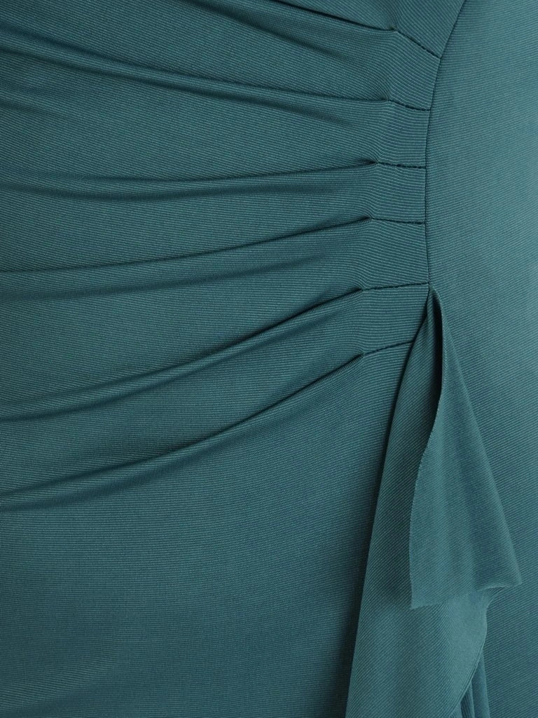Zielona sukienka midi o prostym kroju – elegancka kreacja z marszczeniem i ozdobną falbaną 26925