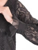 Elegancka czarna sukienka trapezowa midi w kwiaty – swobodny krój z ozdobnymi falbanami 27386