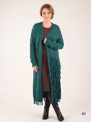 Elegancki sweter damski rozpinany w odcieniu butelkowej zieleni – luźny fason z frędzlami 40460