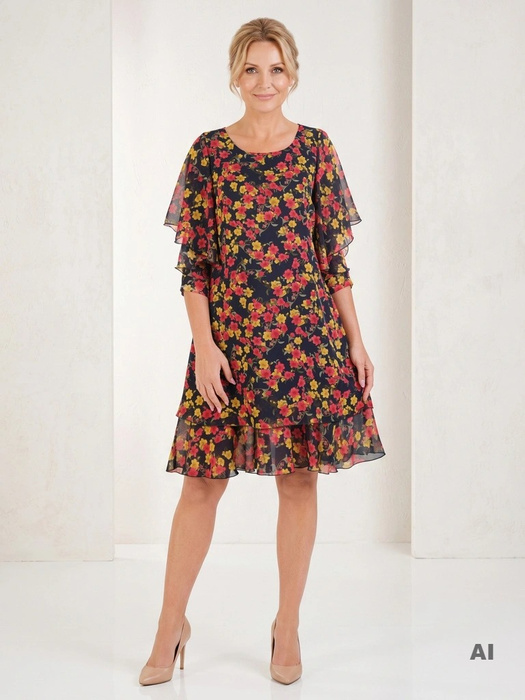 Elegancka sukienka trapezowa midi w kwiaty – kobiecy krój wysmuklający sylwetkę 32970