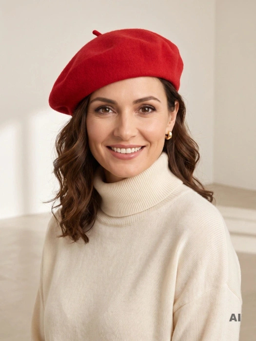 Elegancki czerwony beret damski fason francuski – ciepła wełniana czapka z urokliwą antenką 42702