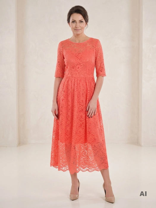 Elegancka suknia wieczorowa rozkloszowana maxi koralowa – kobiecy krój z koronkową górą i plisami 37706
