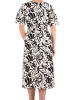 Czarno-kremowa sukienka trapezowa midi z krótkim rękawem – wzorzysta kreacja z paskiem akcentującym talię 41874