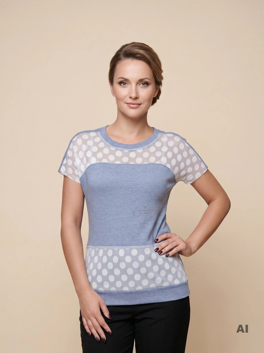 Elegancka bluzka damska w grochy – prosty krój z połyskującymi cyrkoniami 5275