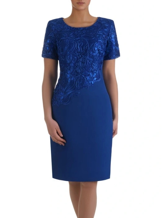 Elegancka sukienka na wesele chabrowa o prostym kroju – dekolt w łódkę i delikatnie połyskujące cekiny 4888