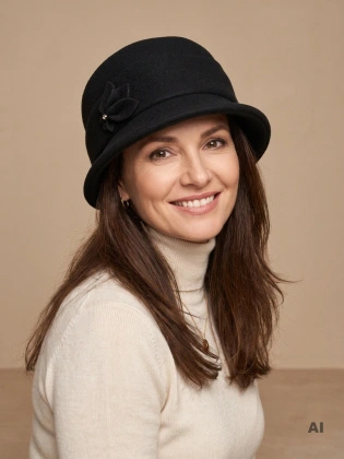 Czarny kapelusz damski typu cloche na jesień – elegancki fason z ozdobną wstawką 42410