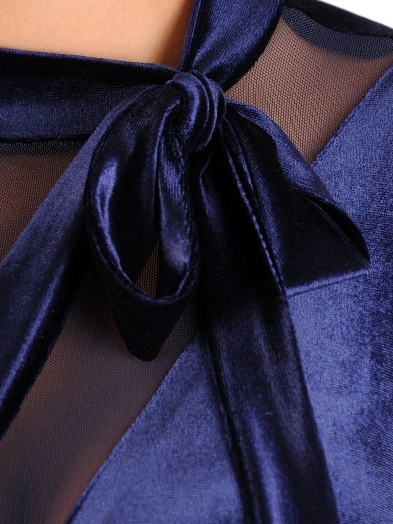 Granatowa sukienka midi tuba ze stójką – elegancki model z przezroczystymi rękawami i kokardą 28050