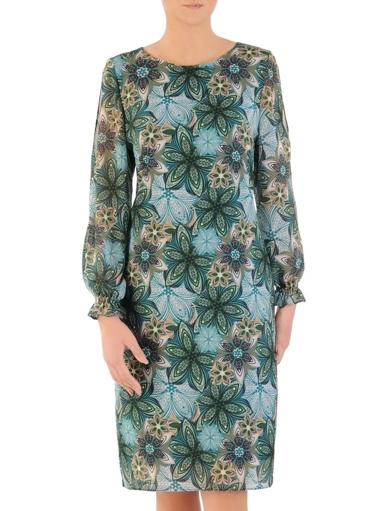Wizytowa sukienka jesienna z długim rękawem o prostym kroju – wielobarwny wzór i ozdobne falbany 33504