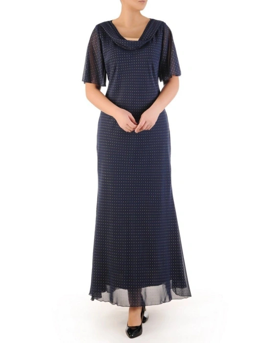 Długa granatowa sukienka wieczorowa z ozdobnymi dżetami – rozkloszowany fason subtelnie wysmuklający 24319