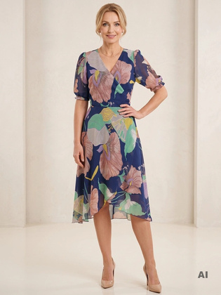 Elegancka sukienka rozkloszowana midi w kwiaty – kobiece wiązanie modelujące talię 28996