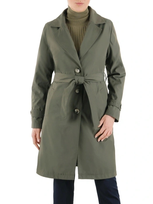 Stylowy płaszcz na jesień damski trencz khaki – kobiecy fason z paskiem modelującym sylwetkę 39409