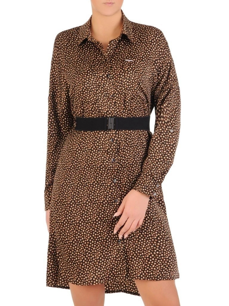 Kobieca sukienka koszulowa midi w panterkę – prosty krój z paskiem modelującym sylwetkę 27884