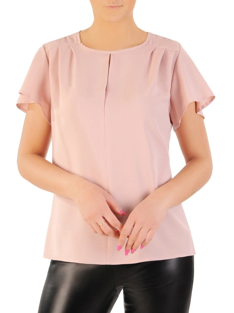 Elegancka bluzka wizytowa z dekoltem w łódkę w kolorze pudrowego różu – prosty fason tuszujący niedoskonałości 33361