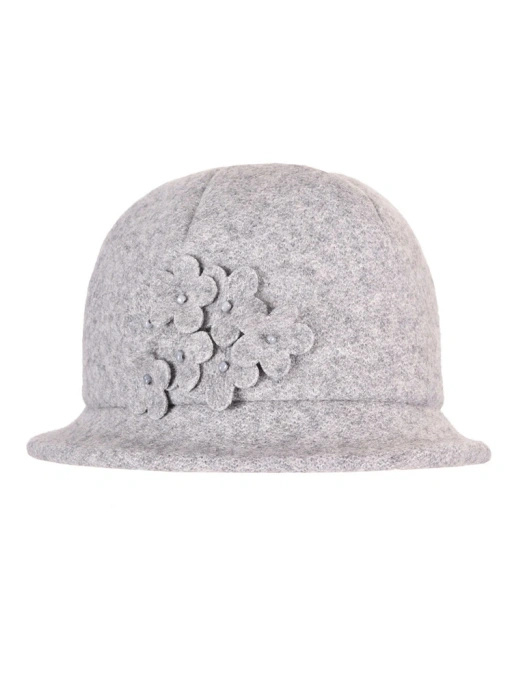 Elegancki szary kapelusz damski cloche – ciepły model na zimę z ozdobnym kwiatem 42388