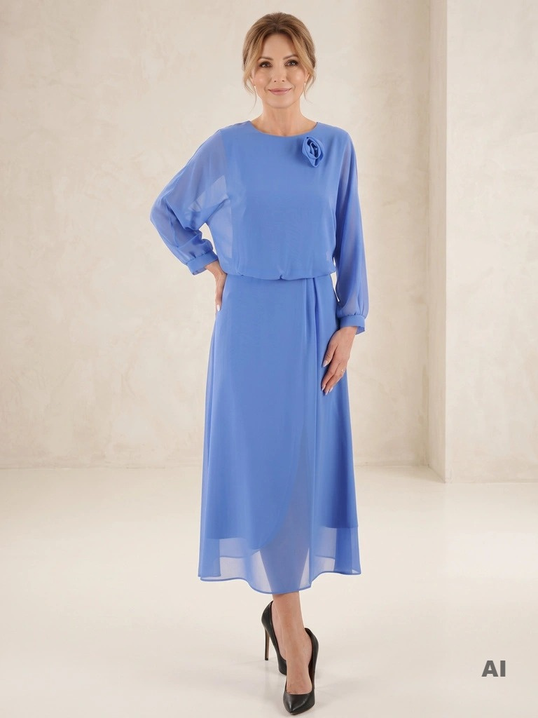Niebieska sukienka maxi rozkloszowana – elegancka kreacja wieczorowa z ozdobnym rozcięciem z przodu i broszką 38081