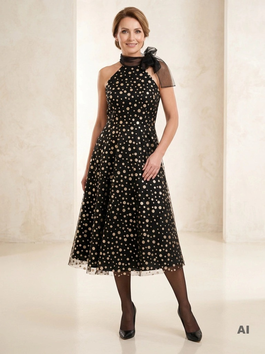Rozkloszowana sukienka sylwestrowa maxi w srebrzyste grochy – dekolt łódka z wiązaniem i subtelny blask 30806