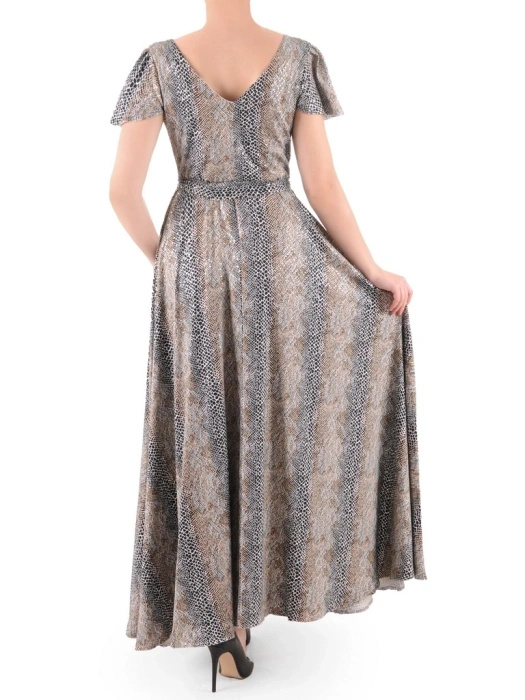 Czarna sukienka wieczorowa maxi rozkloszowana w zwierzęcy print – kobiecy fason z paskiem modelującym talię 38987
