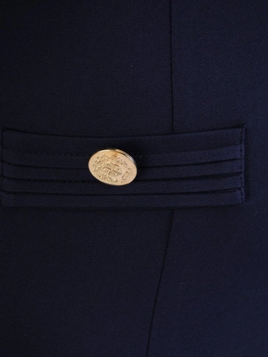 Granatowa prosta sukienka midi z rękawem 3/4 – wysmuklające zaszewki i elegancki dekolt 19400