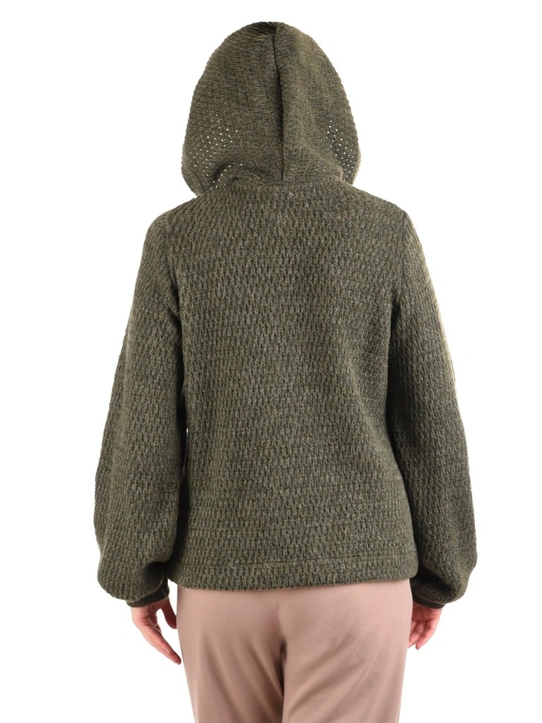 Elegancki sweter damski na suwak w butelkowej zieleni – prosty krój z kapturem i bufiastym rękawem 42175