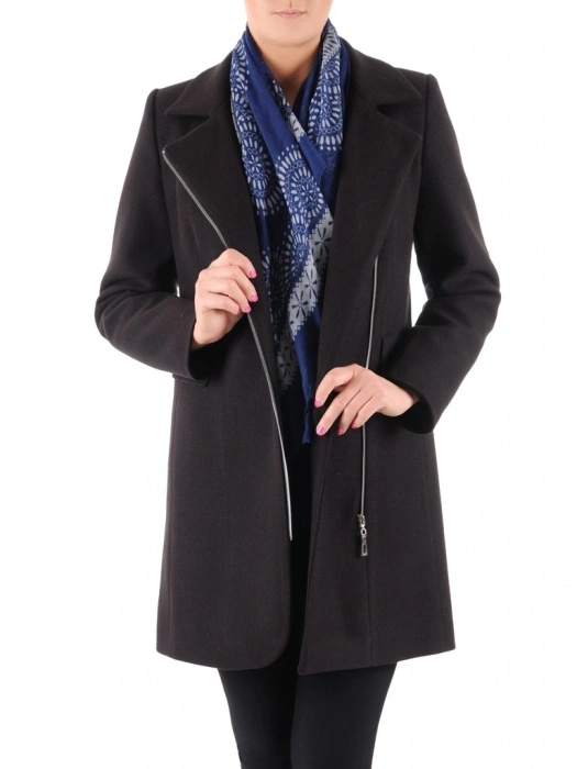 Elegancki płaszcz damski jesienno-zimowy czarny – klasyczny krój z wygodnym suwakiem 38792