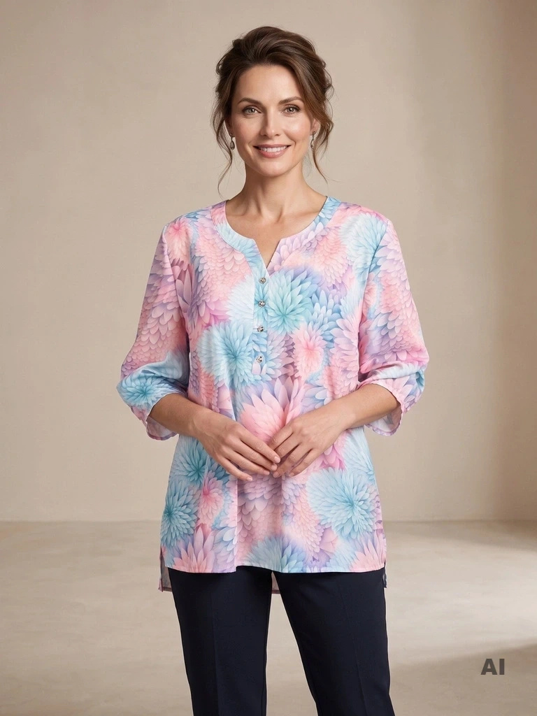Elegancka bluzka damska wiskozowa w kwiaty – prosty fason z ozdobnymi guzikami 41094