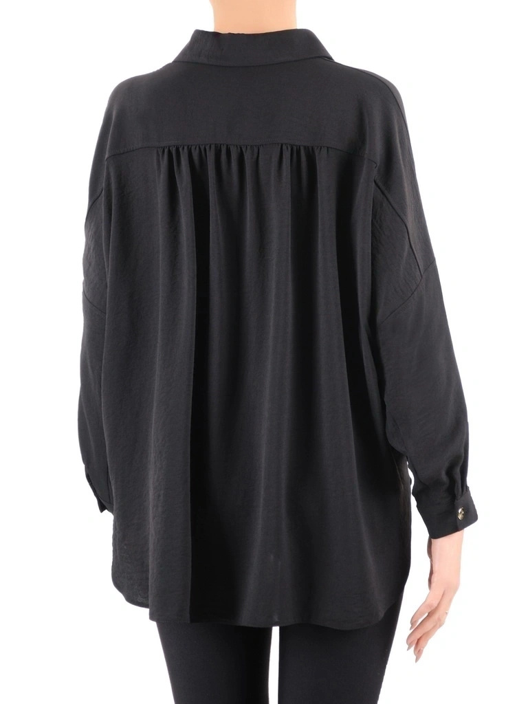 Elegancka czarna koszula damska o prostym kroju z kieszenią – swobodny fason z rękawem kimono do pracy 37136