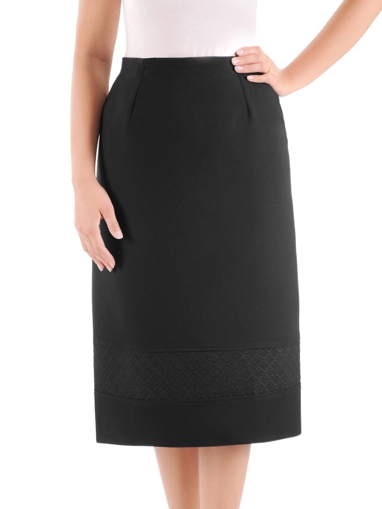 Ponadczasowa czarna spódnica midi plus size do biura – prosty fason z gumką w pasie, wysmuklający z wstawką 38629