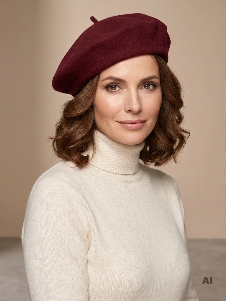 Elegancki beret damski wełniany bordowy – fason francuski z antenką, modne nakrycie głowy na zimę 40890
