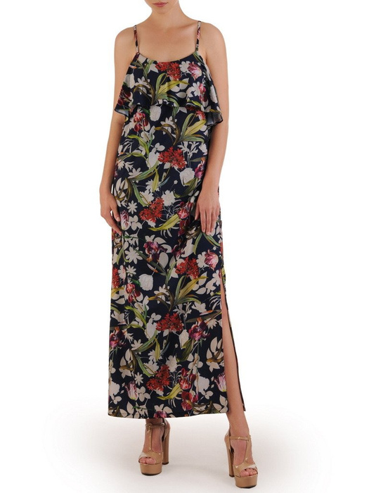 Długa sukienka z falbaną przy dekolcie, modna kreacja w kwiaty 21476