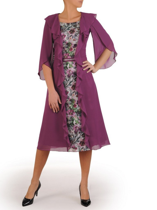 Elegancka fioletowa sukienka, zwiewna kreacja z szyfonu i tkaniny 28116
