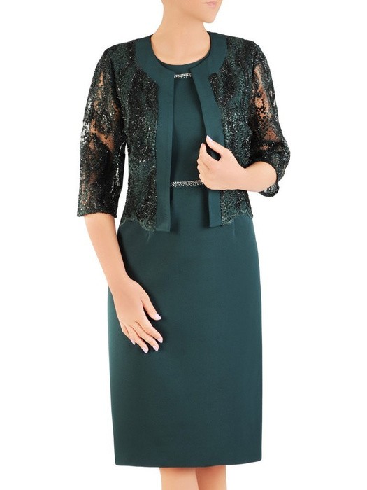 Elegancki zielony komplet, prosta sukienka z koronkowym żakietem 30416