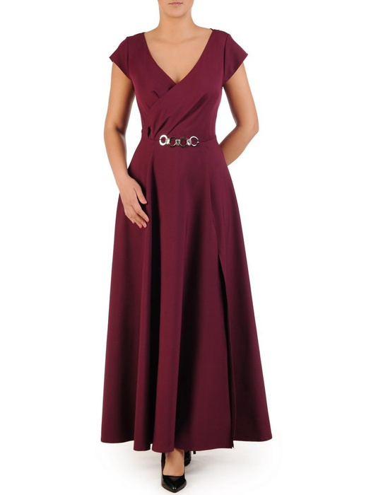 Fioletowa suknia z kopertowym dekoltem i nowoczesną aplikacją 23182