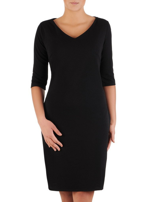 Nowoczesna sukienka z dekoltem w serek, czarna kreacja z kieszeniami 23027
