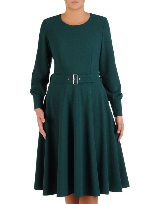 Rozkloszowana sukienka z dzianiny, zielona kreacja z paskiem 23352